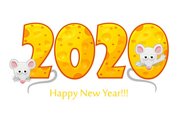Happy New Year 2020, year of the rat. Textured text 2020 with cheese effect and cartoon rats. Isolated on white background. Vector Illustration.