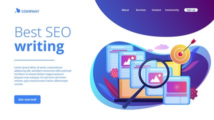 Search engine marketing business. Copywriting service, content management. Copy optimization, web text optimization, best SEO writing concept. Website homepage landing web page template.