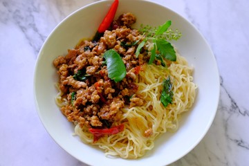 Noodles with pork sauce and chili thai food 
