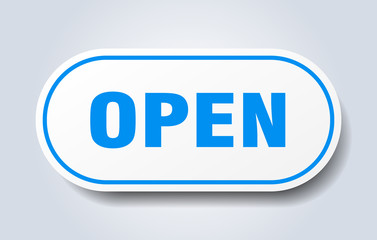 open sign. open rounded blue sticker. open