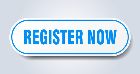 register now sign. register now rounded blue sticker. register now