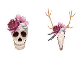 Stickers meubles Boho Crâne humain et cerf aquarelle dessiné à la main serti de fleur. Illustration de style bohème Halloween.