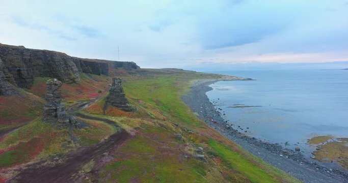 Dva Brata Rock (Saami tract). Sredniy Peninsula. Barents Sea, Murmansk region. Russia. Aerial