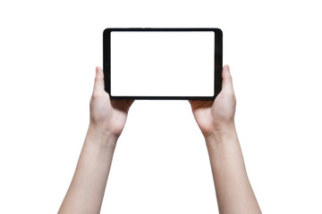 hand holding tablet pc isolated on white