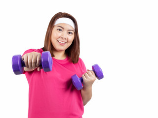 Portrait of happy young overweight Asian woman smiling and exercising with dumbbells isolated on white background with copy space. Healthy lifestyle, body shape and sport concept.