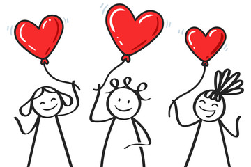 Valentine's Day, three stick figures holding heart shaped balloons