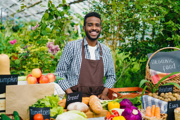 Portrait of handsome African American guy farmer standing in farm market smiling looking at camera waiting for customers. People, greenhouse and business concept.