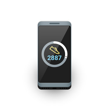 Smartphone with fitness tracker or steps counter app on screen. Vector illustration