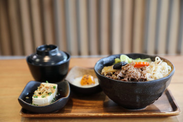 Sukiyaki donburi , sukiyaki hot pot stew with Japanese rice in bowl Japanese food