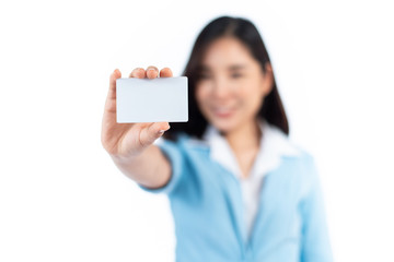 Young woman show a white empty card
