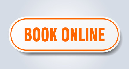 book online sign. book online rounded orange sticker. book online