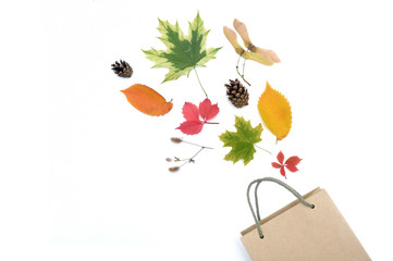 autumn leaves and cones on white background with package. fall flat lay, top view creative objects. Elements for Thanksgiving day design