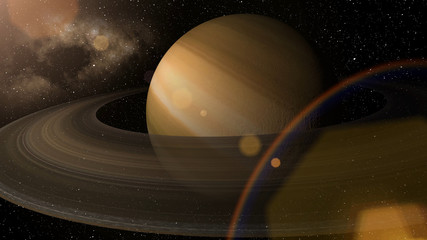 Giant gas planet Saturn and rings CG animation. Realistic 3D rendering of beautiful planet Saturn with rising sun. 