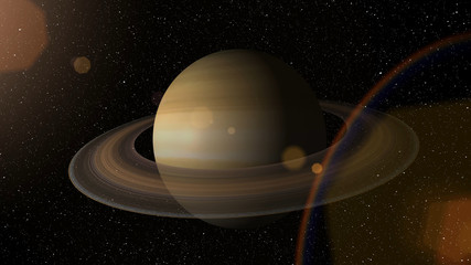 Fototapeta na wymiar Giant gas planet Saturn and rings CG animation. Realistic 3D rendering of beautiful planet Saturn with rising sun. 