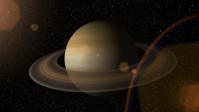 Giant gas planet Saturn and rings CG animation. Realistic 3D rendering of beautiful planet Saturn with rising sun. © Ser