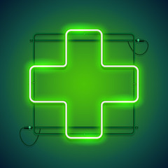 Pharmacy glowing neon sign with a green crosse makes it quick and easy to customize your medical project in neon style.