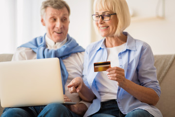 Modern grandparents. Mature couple shopping online on laptop