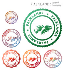 Falklands badge. Colorful polygonal country symbol. Multicolored geometric Falklands logos set. Vector illustration.