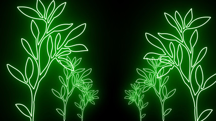 Abstract creative tropical neon flowers background. Shiny green leafs design with jungle and technology concept. 