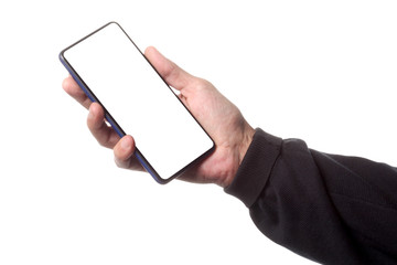 male man holding and showing  blank smart phone isolated  on white background  with clipping path around hand and display with copy space for your text