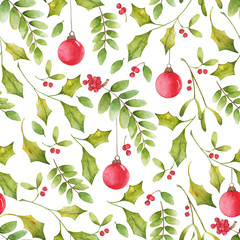 Christmas seamless background pattern with berries and plants.