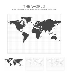 Map of The World. Miller cylindrical projection. Globe with latitude and longitude lines. World map on meridians and parallels background. Vector illustration.