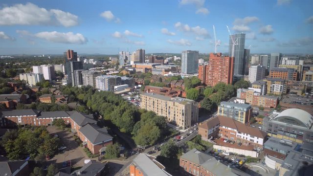 Birmingham city high viewpoint looking west - 2019.  Panaromic shot from a restaurant in a tower block in Birmingham looking west towards the Black Country and the West Midlands.