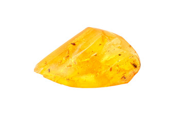 Transparent yellow piece of natural amber with insects on a white background. Inclusions in amber resin. Fossilized ancient frozen piece of wood resin. Sun stone. Material for jewelers. Digging.
