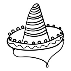 Sombrero. Coloring book for children, cartoon headwear, Line art black and white sombrero. Fiesta carnival clothing. - Vector