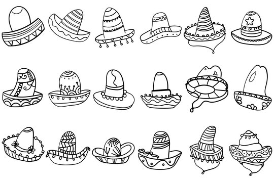 Set coloring of Sombrero Hats. Vector clipart hats. Fashion. - Vector.