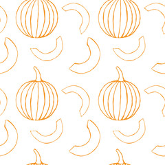 Vector seamless pattern with hand drawn outline pumpkins. Garden vegetable background. Template for fabric, wrapping paper, harvest festival or halloween decoration. Contour image