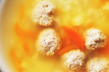 meatball soup macro. chicken soup close up. meatball soup background