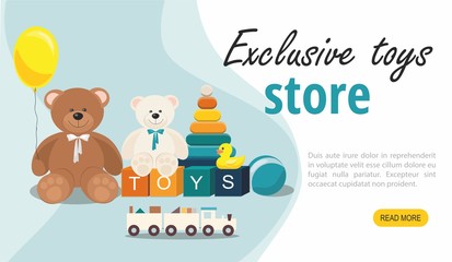 Website page template. Teddy Bear, wooden toy train and clorful toys