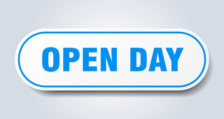 open day sign. open day rounded blue sticker. open day