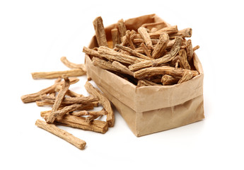 Chinese Herbal medicine - Dang Shen (Codonopsis pilosula) on white background
