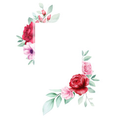 Elegant floral frame with red roses and wild leaves. Flowers background for wedding invitation card template composition