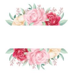 Beautiful watercolor flowers border frame for wedding badge or logo branding. Soft watercolor flowers decoration for wedding or greeting card composition