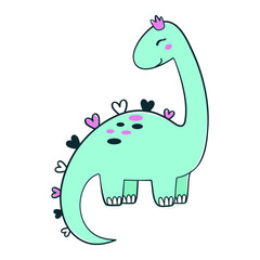 Simple illustration of cartoon dinosaur in crown, picture of cute brachiosaurus for any design. Best for kids dino party designs. Prehistoric Jurassic period character. Vector illustration isolated.