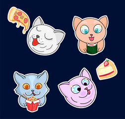 kawaii cartoon cats eat delivery fast food, sushi, pizza, cake, wok, food delivery, cute pets, editable vector illustration