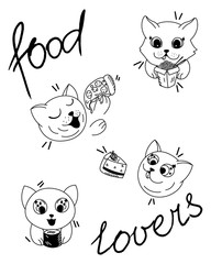 kawaii cartoon cats eat delivery fast food, sushi, pizza, cake, wok, food delivery, cute pets food lovers, editable vector illustration