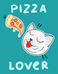 kawaii cartoon cat love to eat pizza, food delivery, tasty food, adorable smile cheerful pet, editable vector illustration