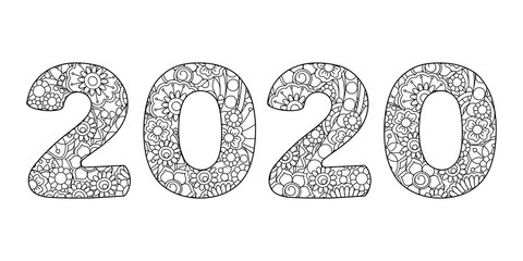  small number 2020  patterned with tangled doodle flowers