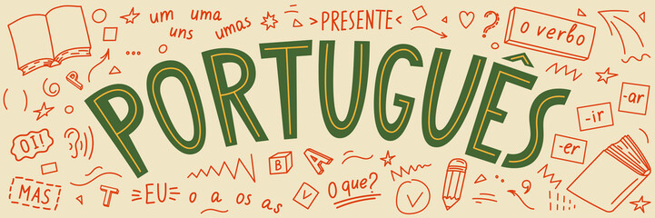 Portugues. Presente, o verbo, oi!, mas, eu, O que?, um, uns, uma, umas. Translate:" Portuguese. Present, the verb, hi !, but, I, What ?, one". Language hand drawn doodles. 