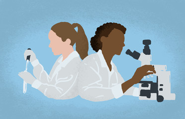 Women scientists wearing white coats conducting experiments in science laboratory. Female researchers in chemical lab. Scientific research. Flat cartoon colorful illustration.