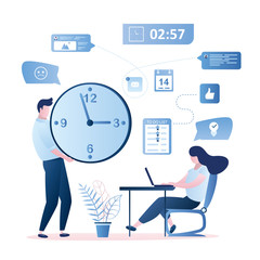 Time management and deadline concept, woman employee on workplace and businessman boss with big watch