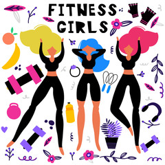Fitness girls vector set, hand drawn vector illustration. Water, scales, dumbbells, skip. Girl doing exercises, keep fit.