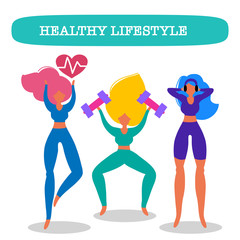 Healthy eating banner, girls in sport costumes with scales, fruit and vegetables. Concept of healthy eating, loosing weight and keep fit,  sport motivation.