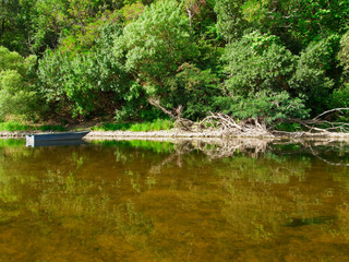 boat on the riverbank view from a pleasure boat