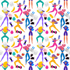 Fitness girls seamless pattern background doing exercises, keeping fit, love gym, healthy lifestyle.