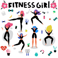 Fitness girls vector set, hand drawn vector illustration. Water, scales, dumbbells, skip. Girl doing exercises, keep fit.
